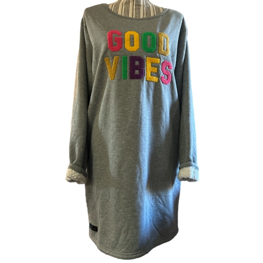 Simply Southern Good Vibes Warmy Sherpa Lined Sweatshirt Dress, Gray, Size XL - Picture 6 of 8